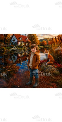 Tło fotograficzne „Jesienny domek nad jeziorem z lisem” | J_276
